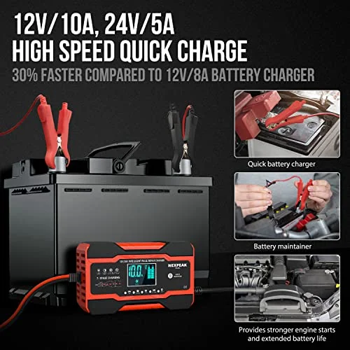 10-Amp Smart Fully Automatic Battery Charger, 12V and 24V, Maintainer Trickle Charger - Image 3