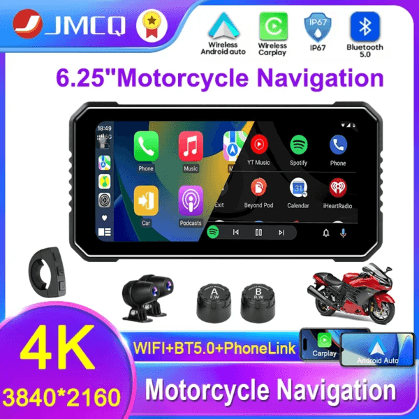 4K Front & 1080P Rear Moto DVR with Wireless CarPlay, Android Auto, GPS | IPX7 Waterproof